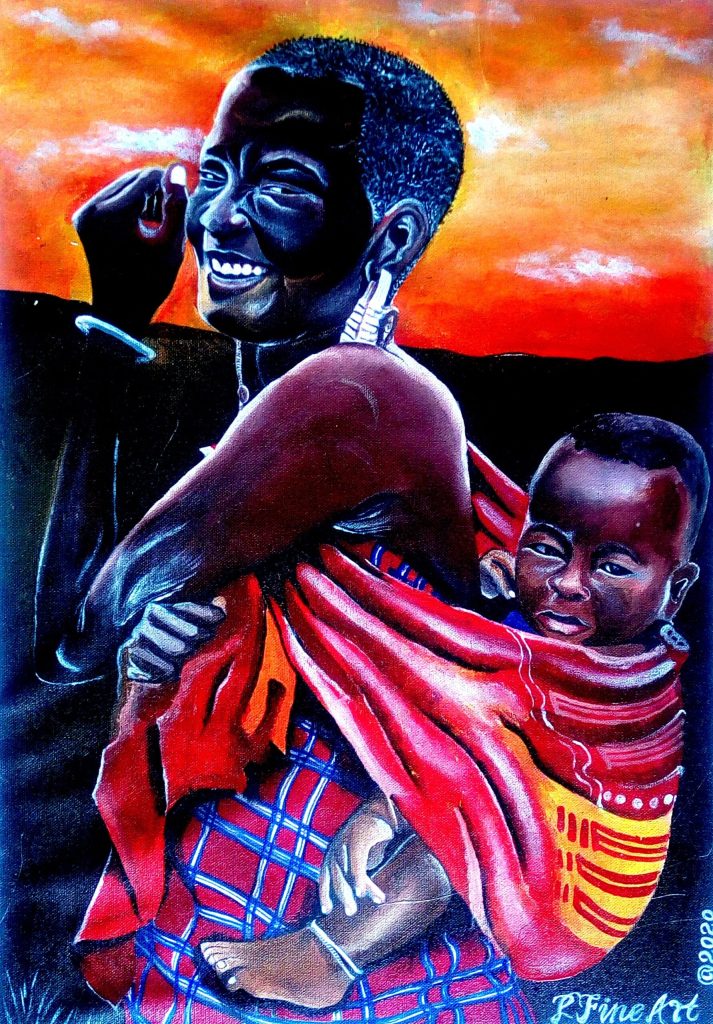 Maasai Woman Carrying a Child - African Tribes - acrylic Painting Painted Patrick Wilson